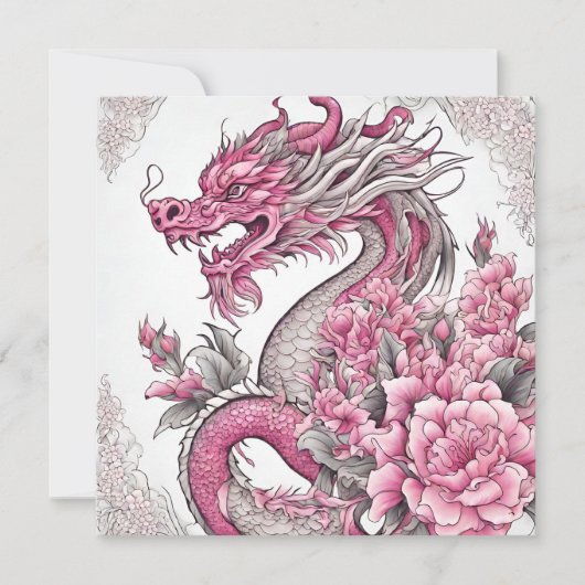 Carte Dragon oriental et fleurs roses (Devant)