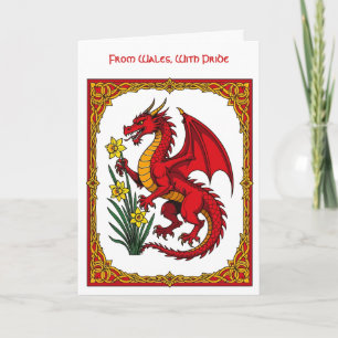 Carte Dragon Rouge Celtique Tenant un Narcisse