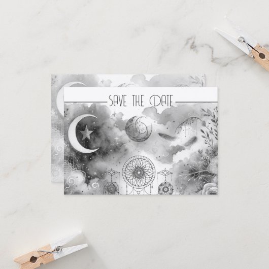 Carte Dreamcatcher noir blanc céleste lune (Devant/Arrière en situation)