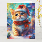 Carte Dreamy Ginger Kitten à l'aquarelle de Santa Hat (Fleur jaune)
