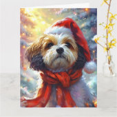 Carte Dreamy Puppy à Santa Hat et Scarf (Fleur jaune)