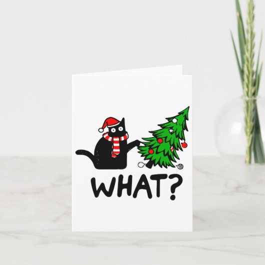 Carte Drôle cadeau de chat noir Poussant l'arbre de Noël (Devant)