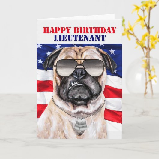 Carte Drôle Carlin Chien Militaire Lieutenant Anniversai (Fleur jaune)