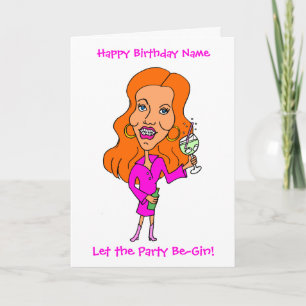 Carte Drôle Cartoon Femme Boire Gin Redhead Anniversaire