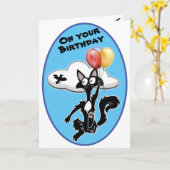 Carte Drôle chat de dessin animé volant dans un ciel ble (Fleur jaune)