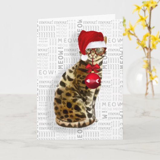 Carte Drôle chat de Noël du Bengale (Fleur jaune)