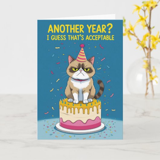 Carte Drôle Chat Grumpy - Encore une année ? Je suppose  (Fleur jaune)