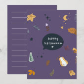 Carte Drôle chats de dessin animé avec balais, citrouill (Devant / Derrière)