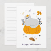 Carte Drôle chats de dessin animé avec balais, citrouill (Devant / Derrière)