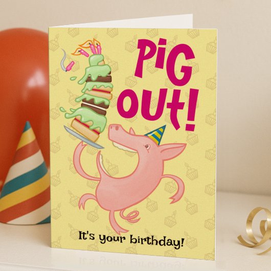 Carte Drôle Cochon Manger Birthday Cake Pig Out! Dessin