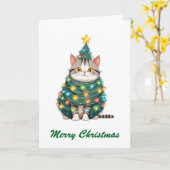 Carte Drôle Comic Whimsical Chat Joyeux Arbre de Noël (Fleur jaune)