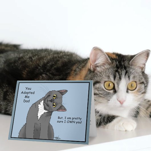 Carte Drôle de chat Fête des Pères Gris Chat Bleu
