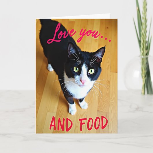 Carte drôle de chat qui aime la nourriture (Devant)