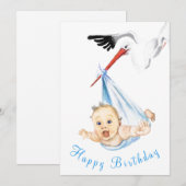 Carte drôle de joyeux anniversaire Stork portant b (Devant / Derrière)