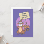 Carte drôle d'écureuil célébrant le dessin d'anniversair (Devant/Arrière en situation)