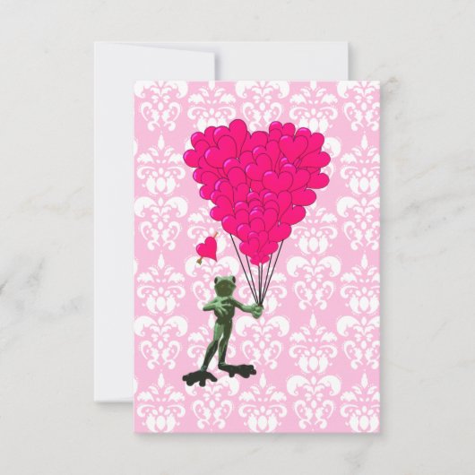 Carte Drôle dessin de grenouille & coeur rose sur damask (Devant)