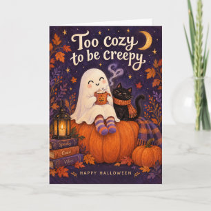 Carte Drôle Fantôme Cosy et Chat Noir Halloween
