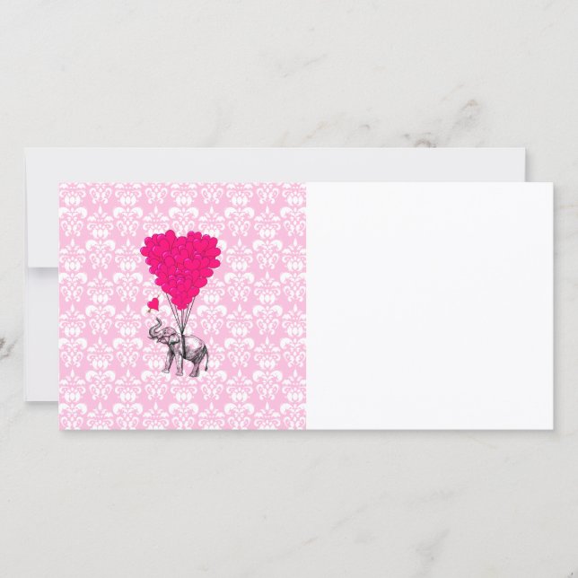 Carte Drôle joli éléphant et damas rose (Devant)