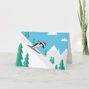 Carte Drôle Joyeux Pingouin De Ski De Noël À Santa Hat