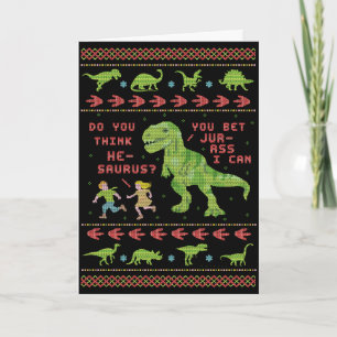 Carte Drôle Noël T Rex Dinosaur Pun Humour Faux Knit
