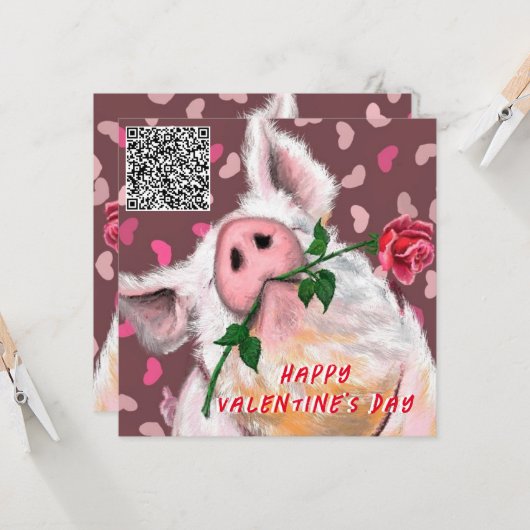 Carte Drôle Pig Valentine's Day Card avec QR Code (Devant/Arrière en situation)