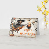 Carte Drôle rétro Halloween éffrayante mauvaise sorcière (Fleur jaune)