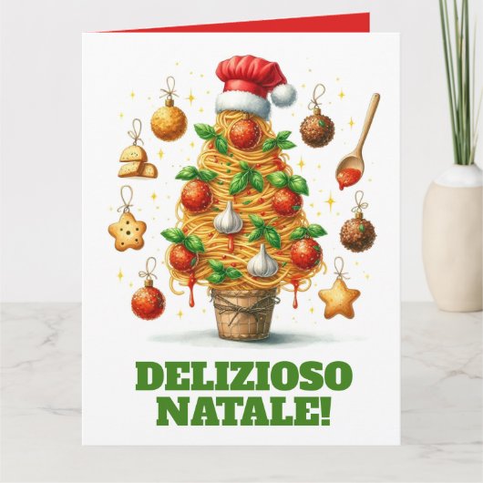 Carte Drôle Spaghetti Arbre de Noël Delizioso Natale! (Devant)
