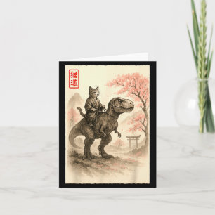 Carte Drôle Sumi-e Kawaii Chat à Cheval sur un Dinosaure