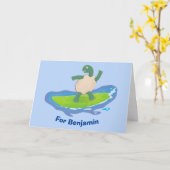 Carte Drôle tortue vague de surf dessin animé (Fleur jaune)