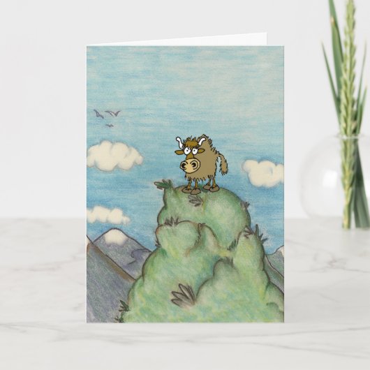 Carte Drôle yak de dessin animé sur le sommet de la mont (Devant)