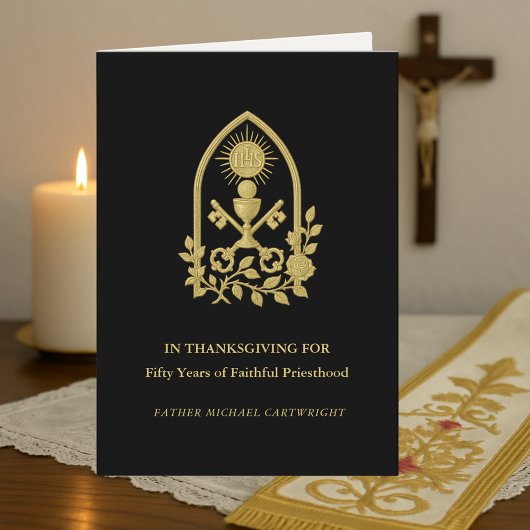 Carte du 50e Jubilé Prêtre IHS, Clés et Calice