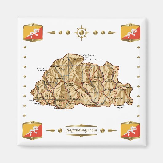 Carte du Bhoutan + Aimant drapeaux (Devant)