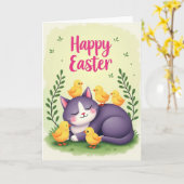 Carte du chat amical et des oiseaux (Fleur jaune)