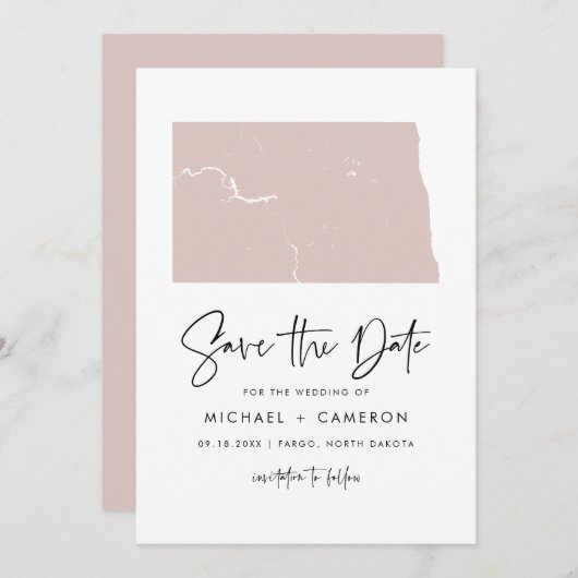 Carte du Dakota du Nord rose pâle Script minimal (Devant / Derrière)