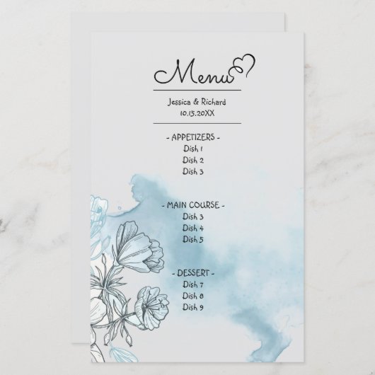 Carte du menu du dîner aquarelle (Devant / Derrière)