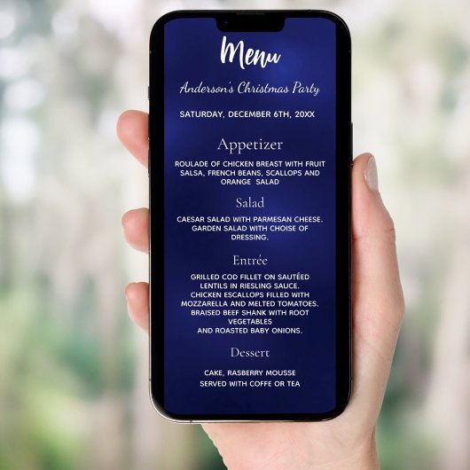 Carte du menu du dîner de Noël bleu