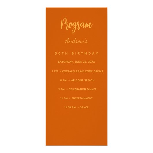 Carte du menu du dîner du programme d'anniversaire (Devant)