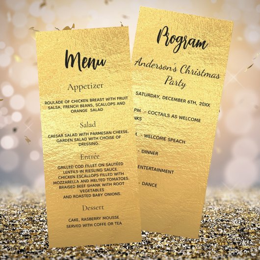 Carte du menu du dîner du programme de Noël Gold
