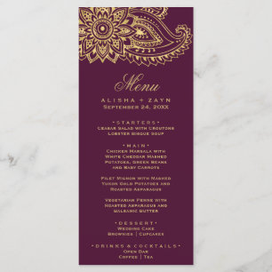Carte du menu du dîner Gold Indian Paisley
