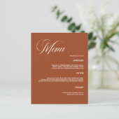 Carte du menu du dîner mariage orange brûlé (Debout devant)
