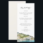 Carte du menu Mariage AMALFI CAST Watercolor<br><div class="desc">Ce menu est décoré d'une aquarelle représentant la côte amalfitaine,  associée à une simple combinaison de polices. Ce menu est parfait pour vos voyages à thème ou d'aventure italienne mariage ou événement.</div>