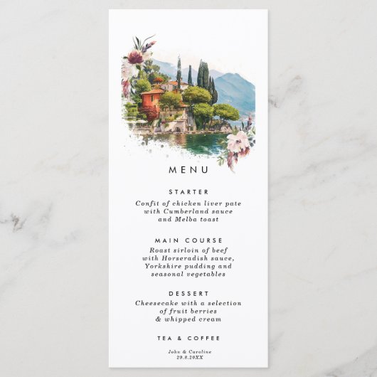 Carte du menu mariage floral du lac de Côme Italie (Devant)