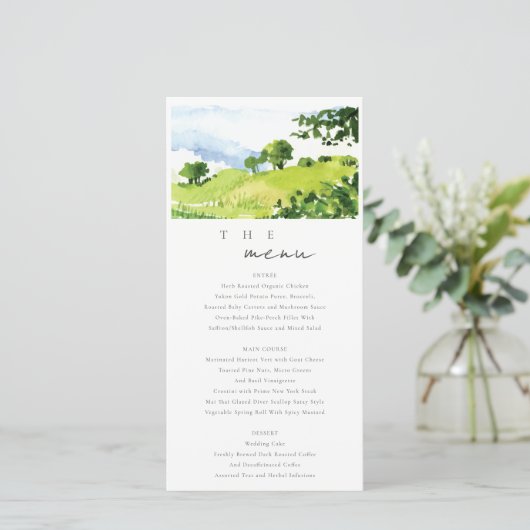 Carte du menu Mariage Watercolor Countryside Hills (Debout devant)