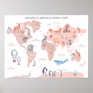 Carte du monde animal, décoration murale pour enfa
