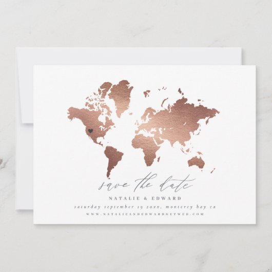 Carte du monde aquarelle cuivre mariage (Devant)