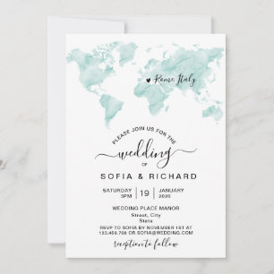 Carte du monde aquarelle Destination de mariage Cœ