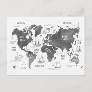 Carte du monde Art noir blanc Nautique