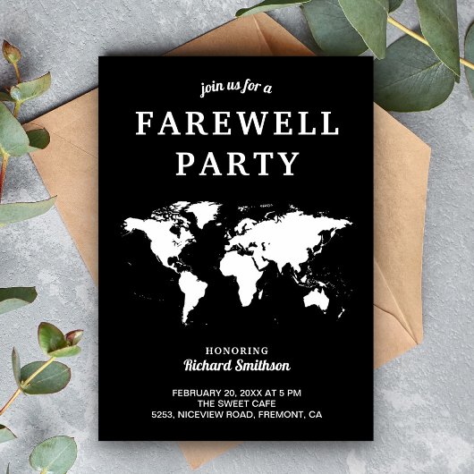Carte du monde blanc noir Farewell Party Invitatio
