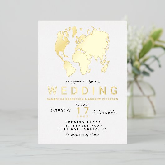 Carte du monde chic mariage photo en or véritable  (Debout devant)