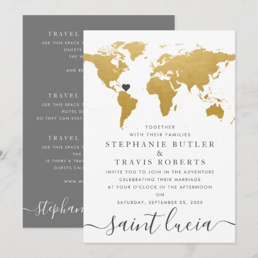 Carte du monde chic or et gris Mariage à l'étrange (Devant / Derrière)